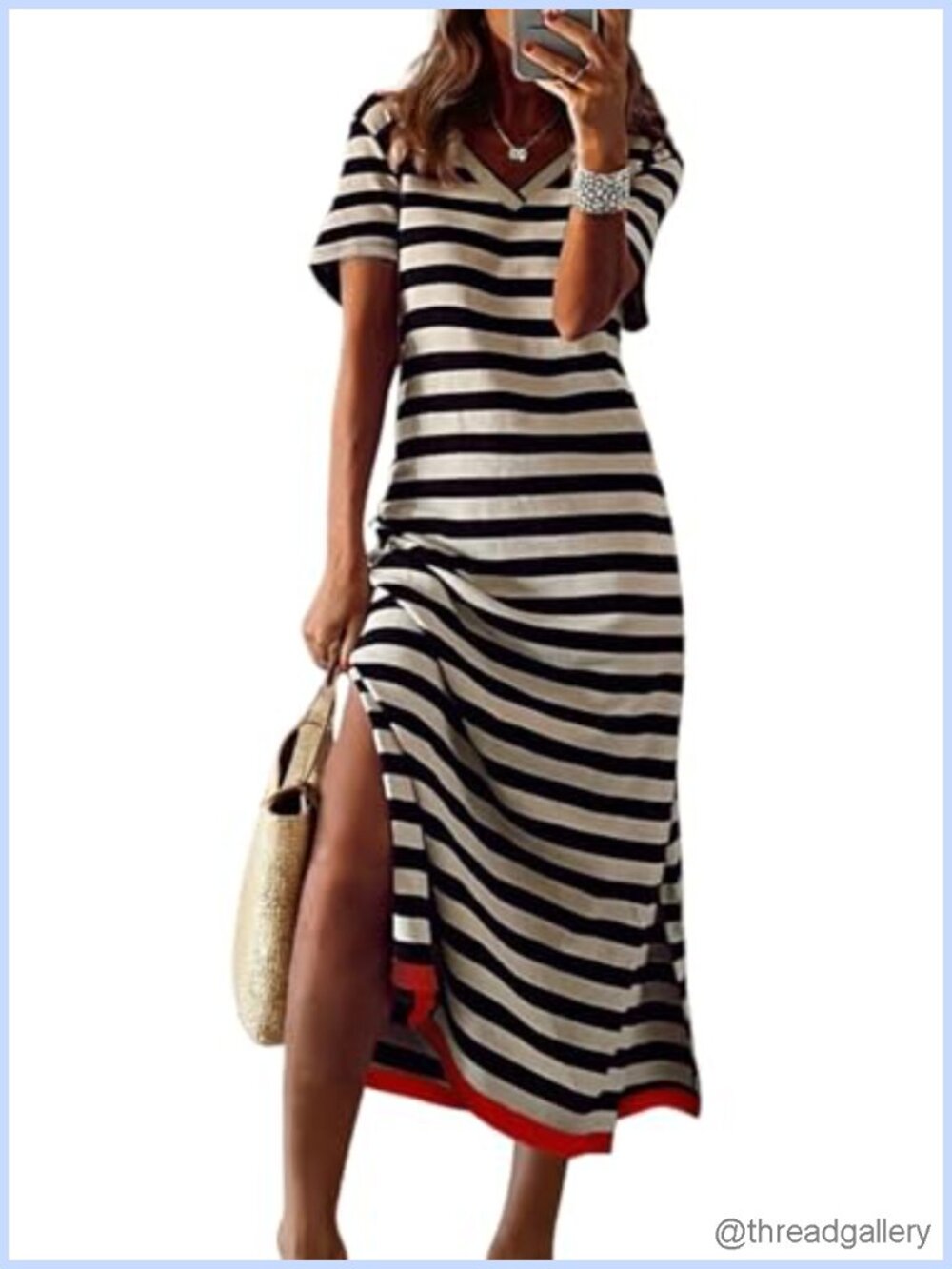 Dokotoo Short Sleeve Maxi T Shirt Dress Striped Split Casual Summer